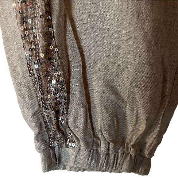 Umgee Beige Linen- Cotton Blend Sequins Pull on Jogger Pants - Picture 5 of 9